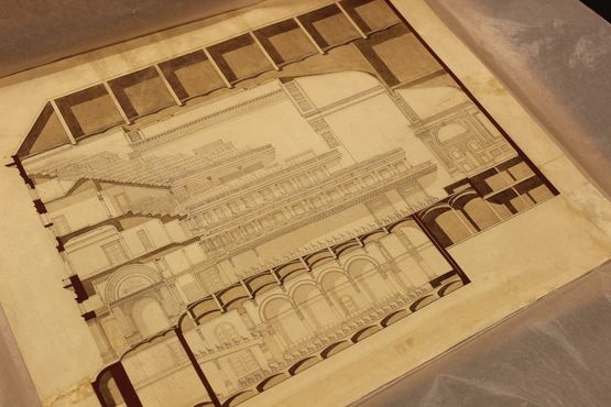 Первоначальный план Карнеги-холла, на котором изображены  потолочные балки и туннели