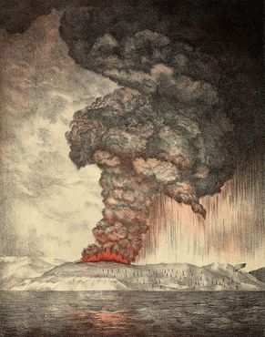 Литография, изображающая извержение Кракатау в 1883 году